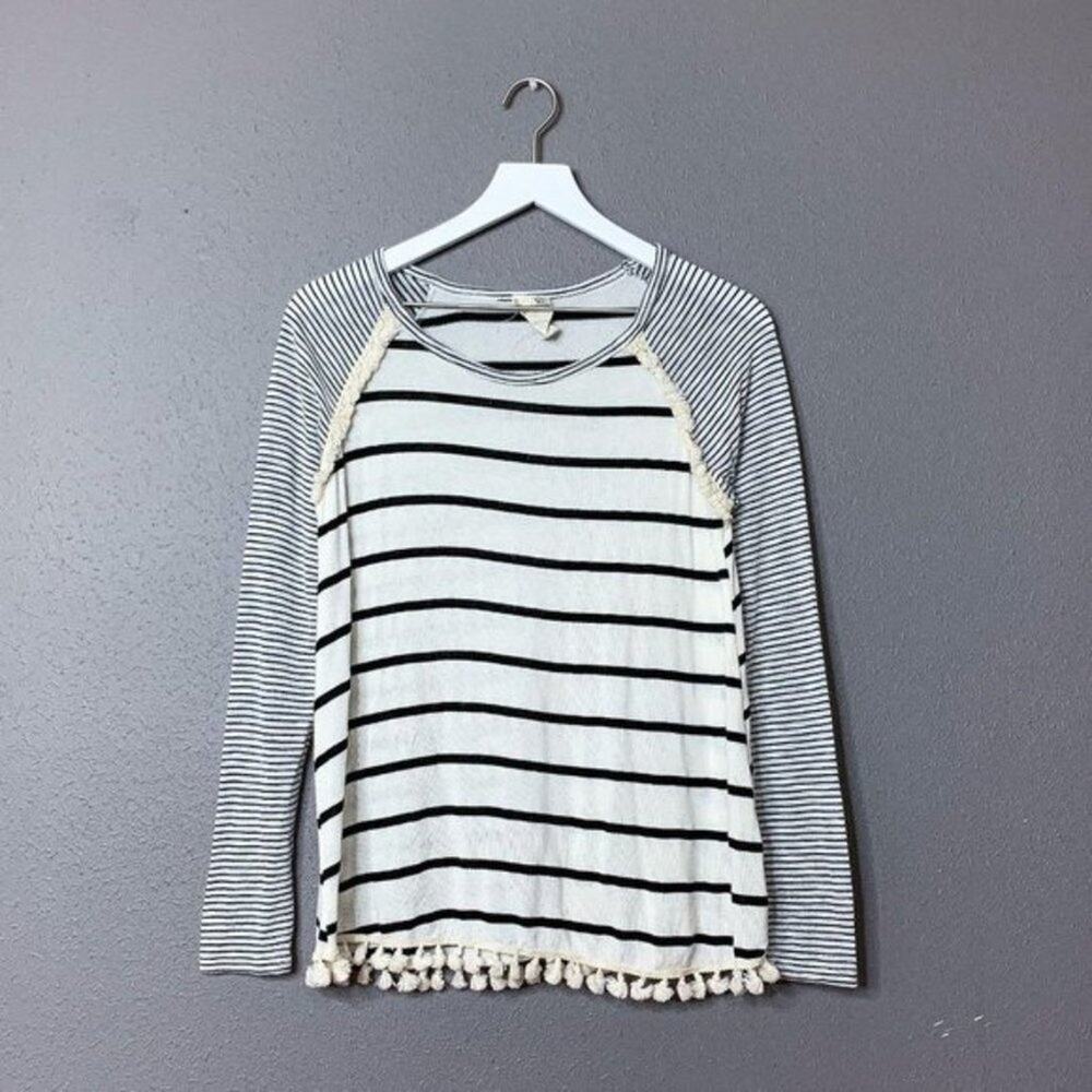 BLU PEPPER Boho Fringe Tassel Trim Cream/Black Striped Tee Long Sleeve Medium